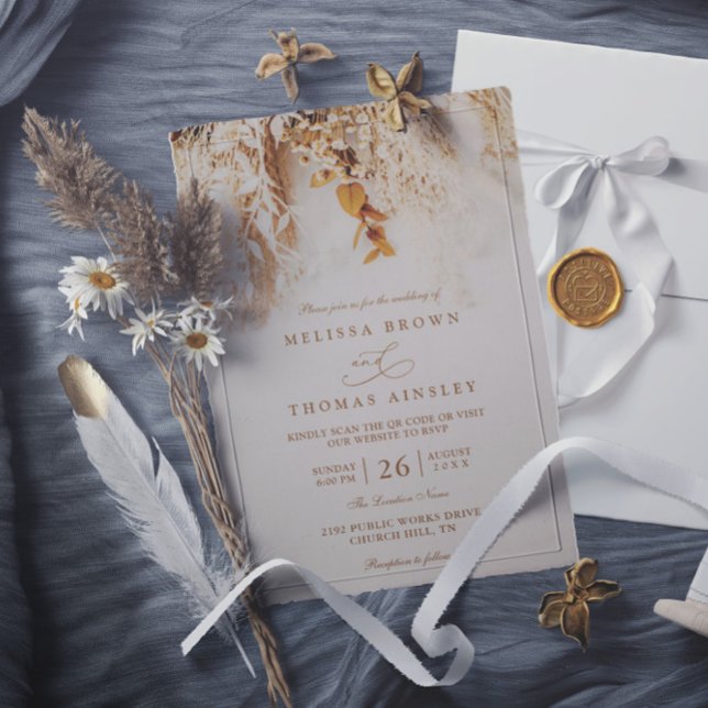 Convite Casamento Código QR Rústico Flores de Outono Boho  (Criador carregado)