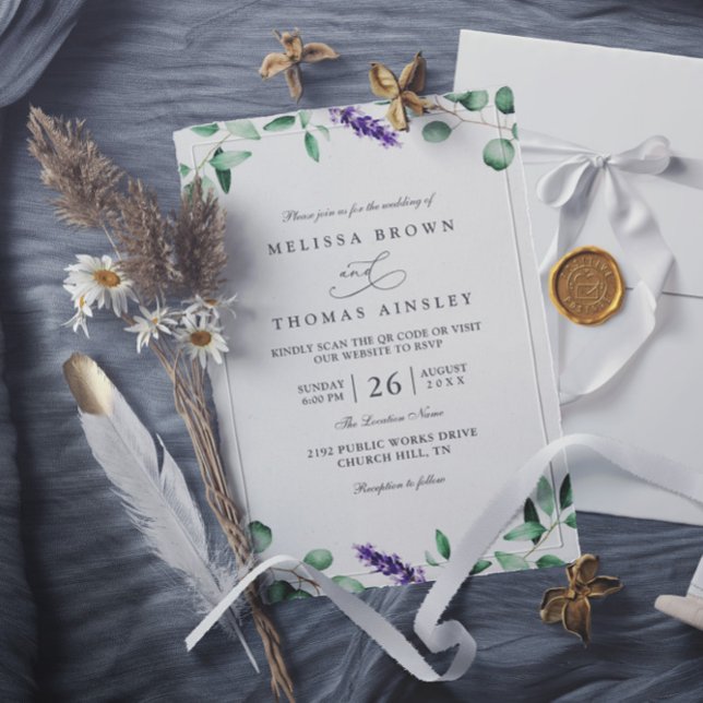 Convite Casamento Código QR Rústico Lavanda Roxa (Criador carregado)