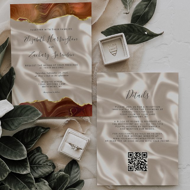Convite Casamento Código QR Seda Marfim Ágata Dourado Lara (Criador carregado)