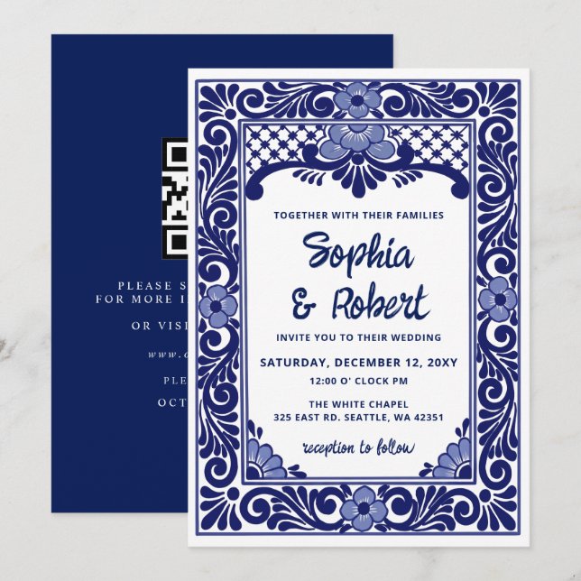 Convite Casamento Código QR Talavera Azul Mexicano (Frente/Verso)