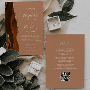 Convite Casamento Código QR Terracota Ouro Laranja Queimad