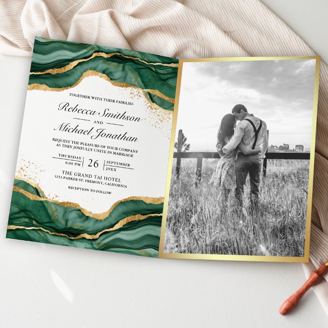 Convite Casamento Código QR Tinta Abstrata Dourada Verde E (Criador carregado)