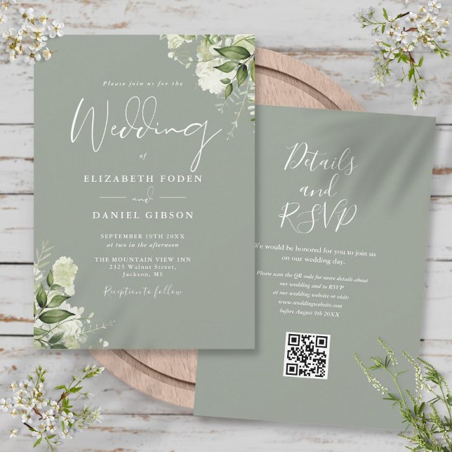 Convite Casamento Código QR Verde Floral da Salvia da Vege (Greenery Floral Sage Green QR Code Wedding Invitation)