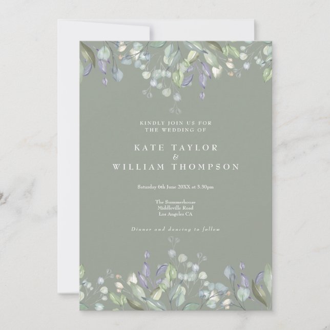 Convite Casamento Código QR Verde Floral Lilás Sage (Frente)