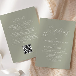 Convite Casamento Código QR Verde Sage Caligrafia Elegante