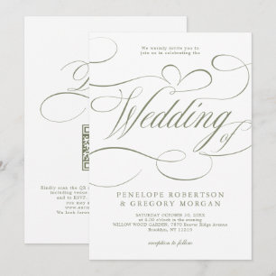 Convite Casamento código QR verde Sage caligrafia moderna