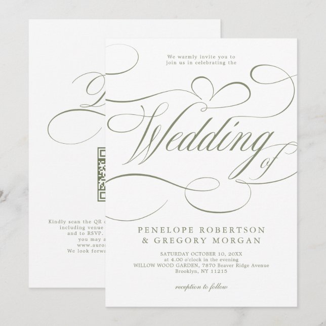 Convite Casamento código QR verde Sage caligrafia moderna (Frente/Verso)