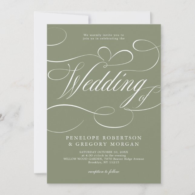 Convite Casamento código QR verde Sage caligrafia moderna (Frente)