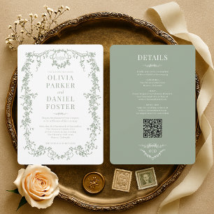 Convite Casamento Código QR Verde Sage Vitoriano Elegante