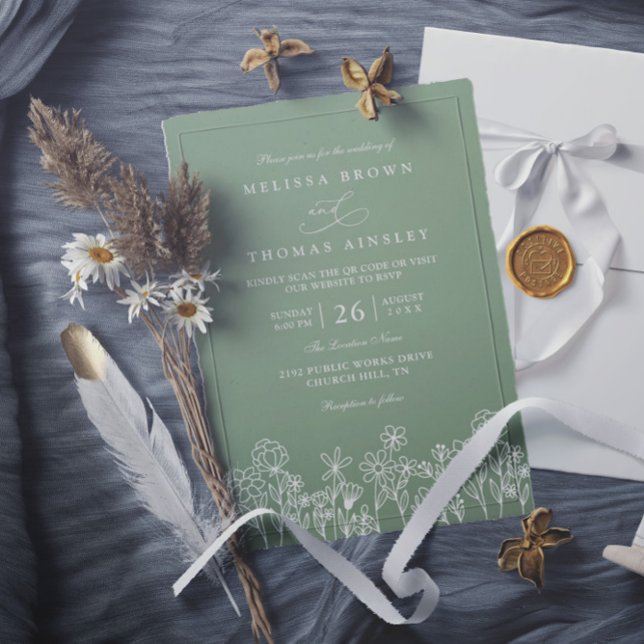 Convite Casamento Código QR Verde Salvia Boho Flor Silvest (Criador carregado)