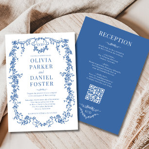 Convite Casamento Código QR Vitoriano Azul Real Tudo em Um