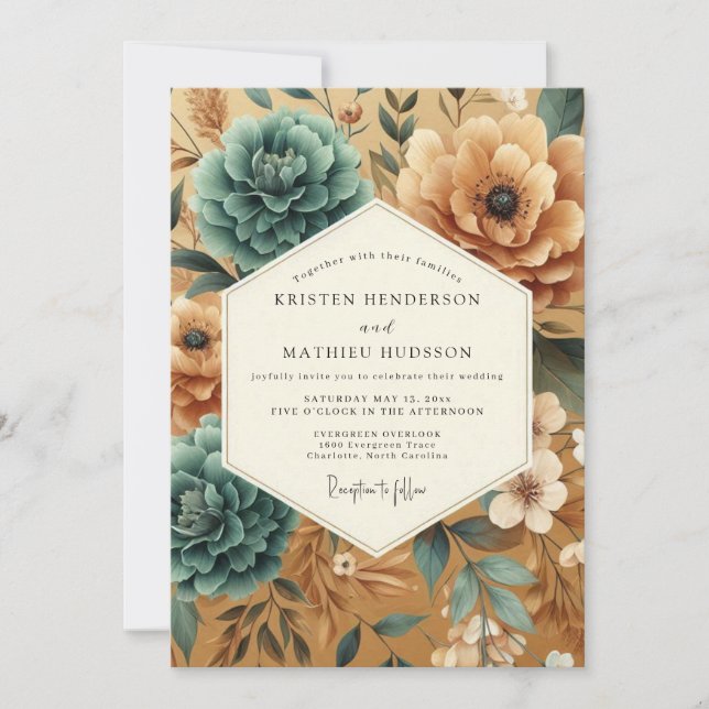 Convite Casamento Colheita Azul-Verde Ócre (Frente)