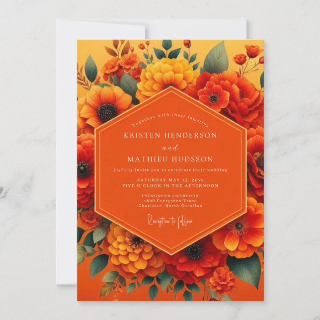 Convite Casamento Colheita Vibrante de Marigold (Frente)