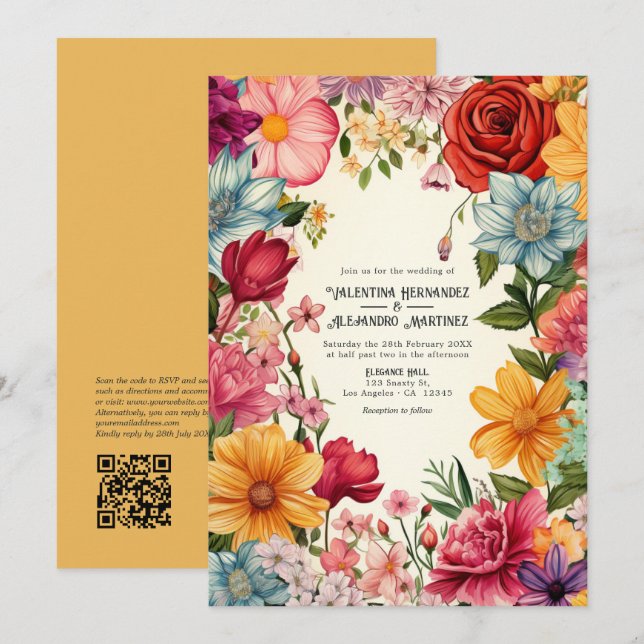 Convite Casamento Colorido com Aquarela e Fiesta com Códig (Frente/Verso)