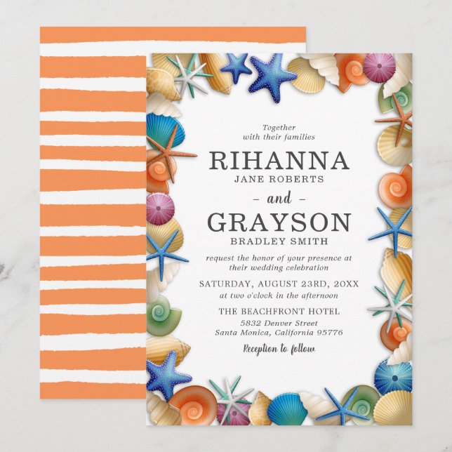Convite Casamento Colorido de Conchas de Praia (Frente/Verso)