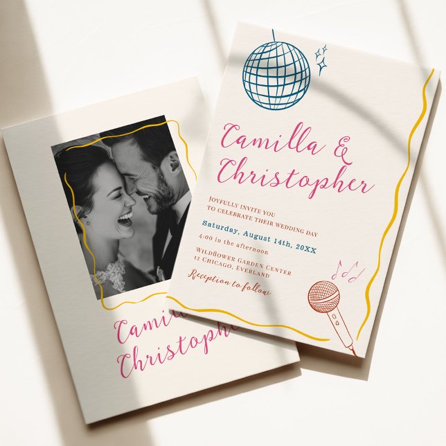 Convite Casamento Colorido de Disco Retro (Criador carregado)