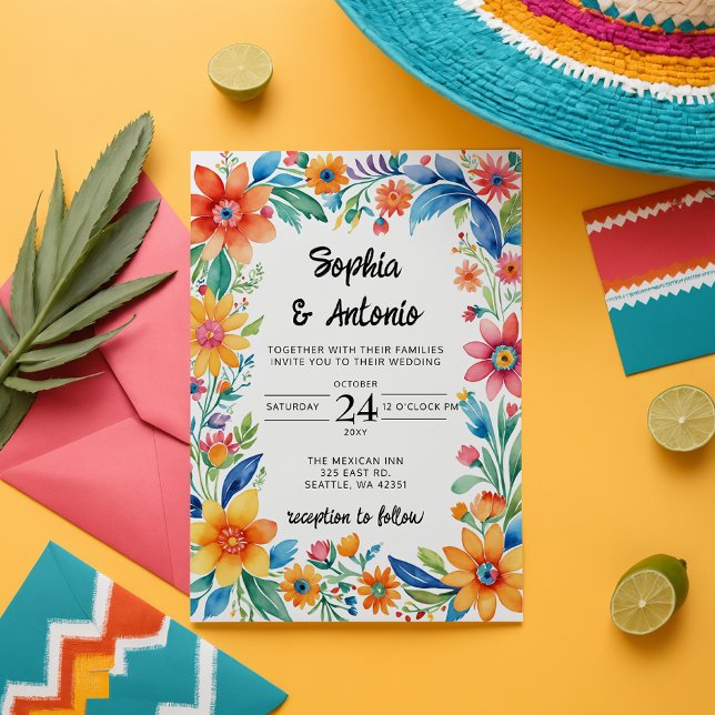 Convite Casamento Colorido de Floral Fiesta Mexicano (Colorful Mexican Floral Fiesta Wedding Invitation)