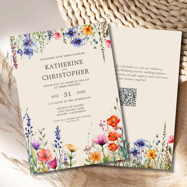 Convite Casamento Colorido de Flores Selvagens Beige Elega (Colorful Wildflowers Beige Elegant Wedding Invitation with jewel tone flowers in purple, red, orange)