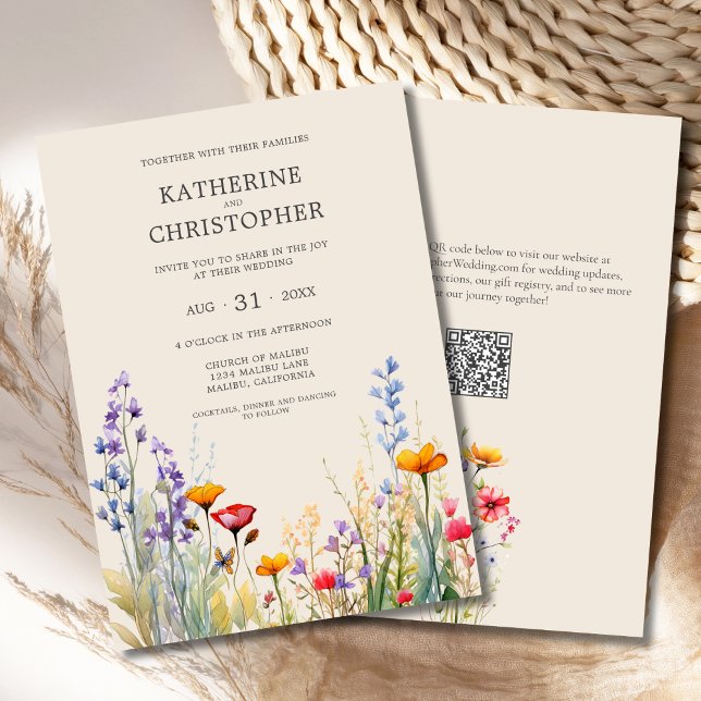 Convite Casamento Colorido de Flores Selvagens Elegante Be (Colorful Watercolor Wildflowers Elegant Wedding Invitation with purple, orange, red flowers, QR code)
