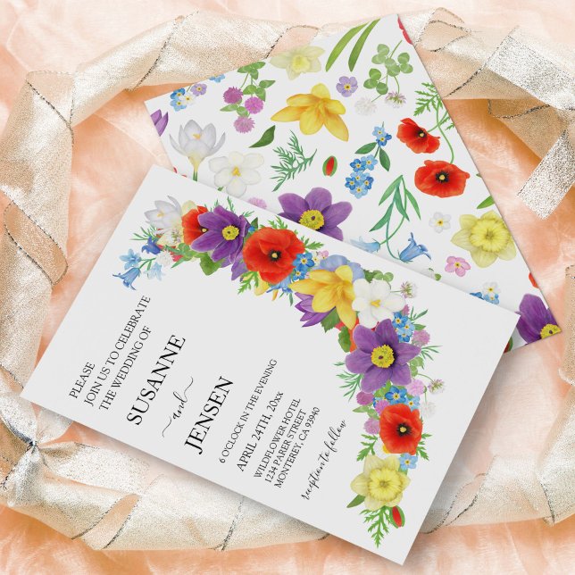 Convite Casamento Colorido de primavera Branca de Prado de (Wildflower Meadow Colorful White Spring Wedding Invitation)