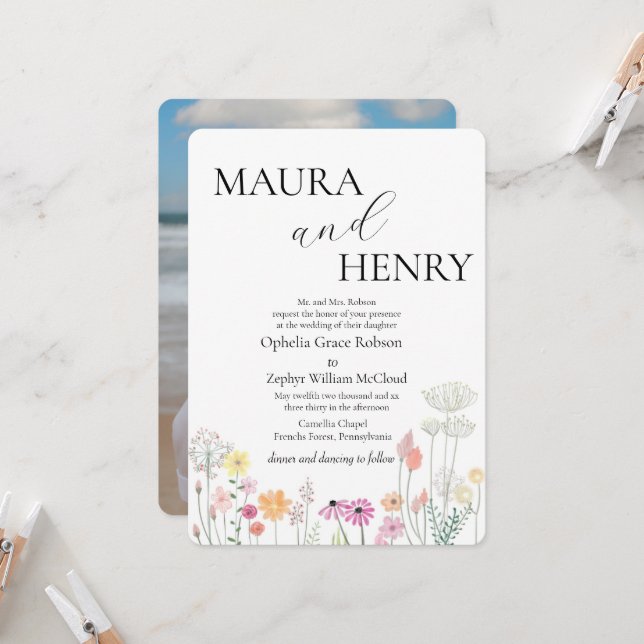 Convite Casamento colorido de Primavera Wildflower (Frente/Verso In Situ)