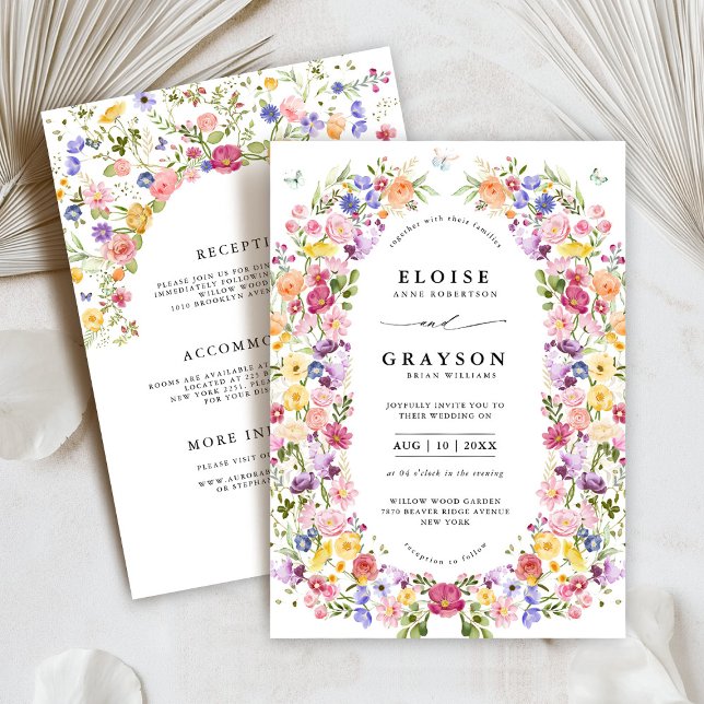 Convite Casamento Colorido de Primavera Wildflower Meadow  (Colorful Spring Wildflower Meadow Garden all in one Wedding Invitation with details on back)