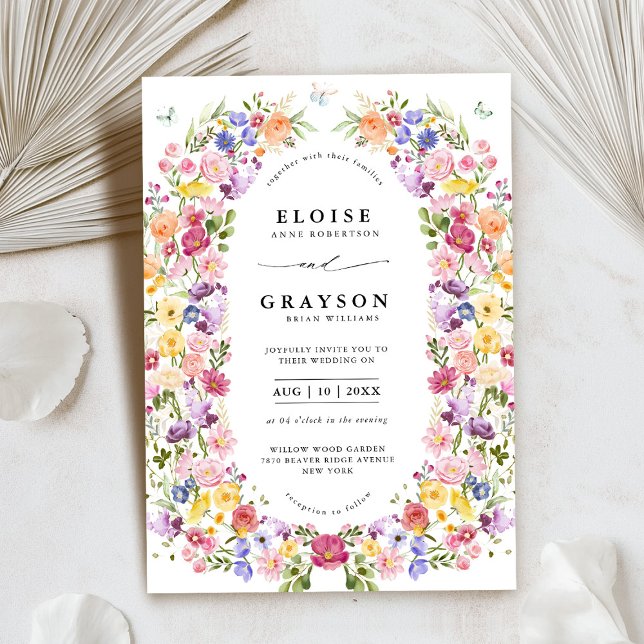 Convite Casamento Colorido de Primavera Wildflower Meadow  (Colorful Spring Wildflower Meadow Garden Wedding Invitation)