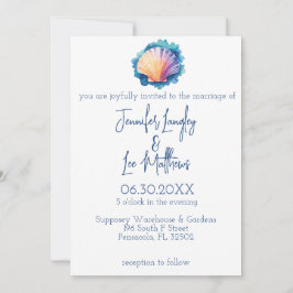 Convite Casamento Colorido de Scallop Seashell de Aquarela