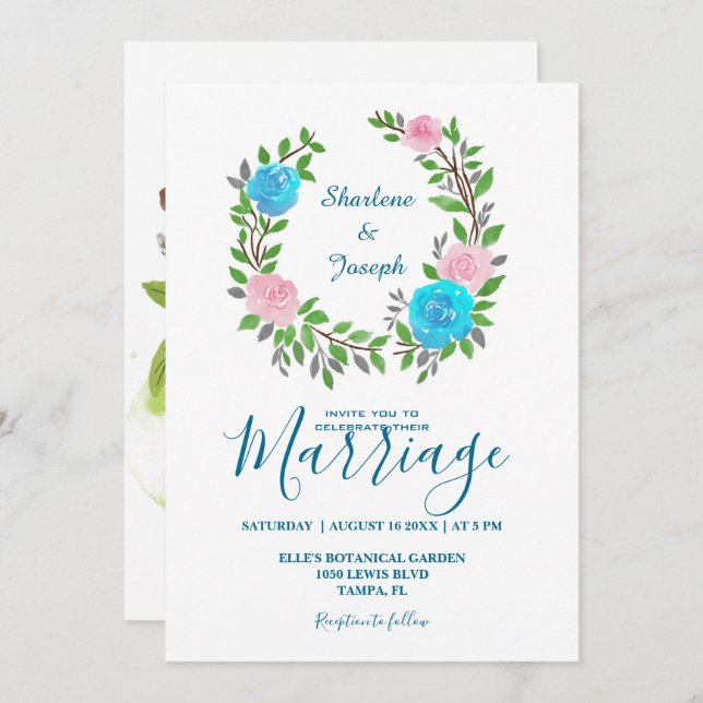 Convite Casamento Colorido de Wreath Floral (Frente/Verso)