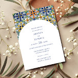 Convite Casamento Colorido do Arco do Azulejo Mexicano<br><div class="desc">Colorida azulejo mexicana com convites para casamento de design de titular de texto. Personalize com seus detalhes de casamento,  reverta para coordenar o azul no verso.</div>