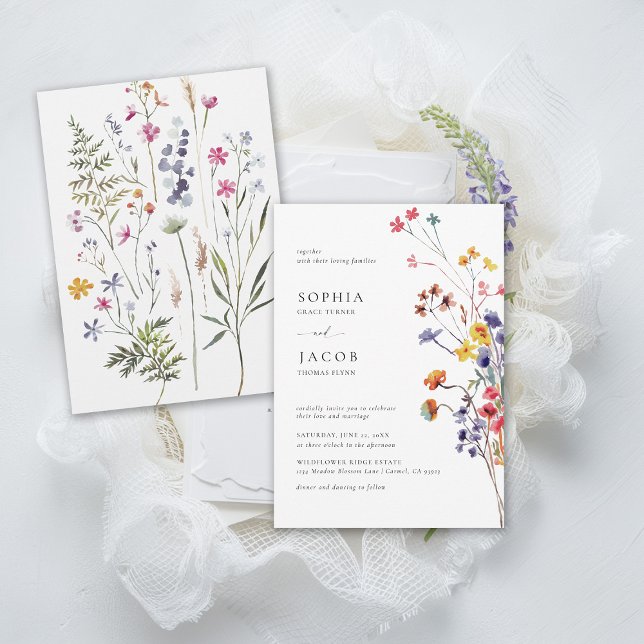 Convite Casamento Colorido Feliz dos Buquês Selvagens (wildflower wedding theme colorful frame invitation garden outdoors meadow forest spring summer fall)