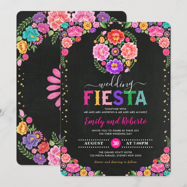 Convite Casamento Colorido Floral Fiesta Mexicano Chalkboa (Frente/Verso)