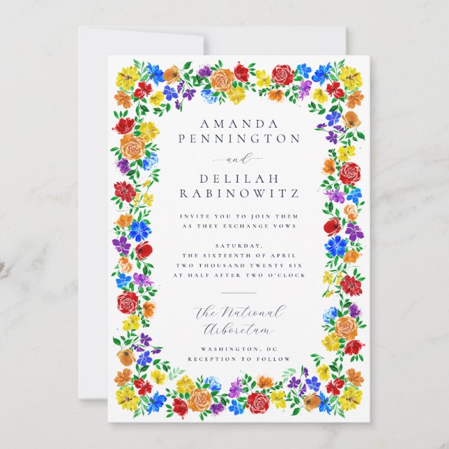 Convite Casamento Colorido Primavera Rainbow Flowers Orgul (Frente)