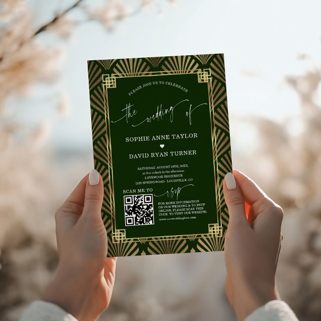 Convite Casamento com 1920 de Deco Verde Dourado e Escuro (Criador carregado)