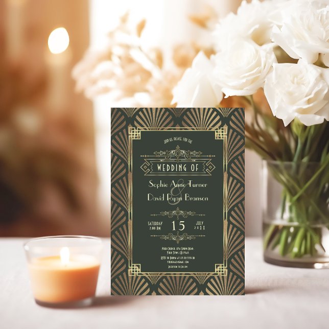 Convite Casamento com 1920 de Deco Verde Escuro Glamoroso  (Criador carregado)