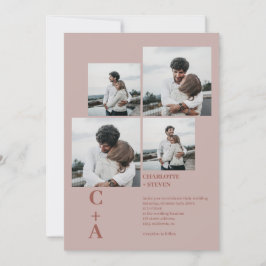 Convite Casamento com 4 fotos em grade de boho negro moder