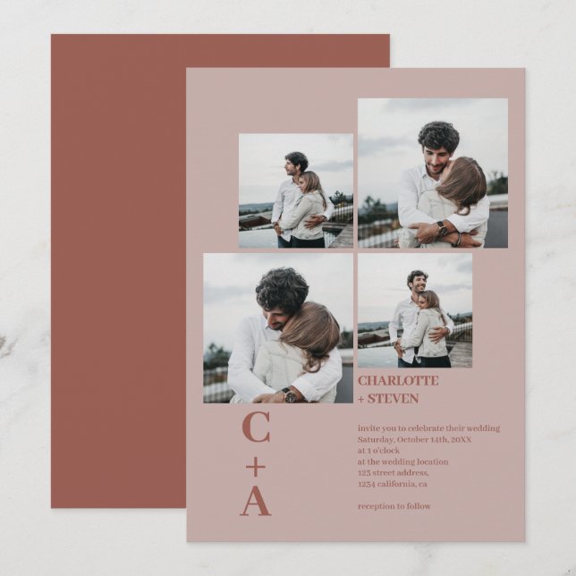 Convite Casamento com 4 fotos em grade de boho negro moder (Frente/Verso)