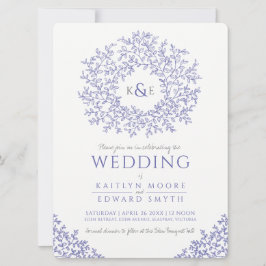 Convite casamento com a arte do monograma de folha azul