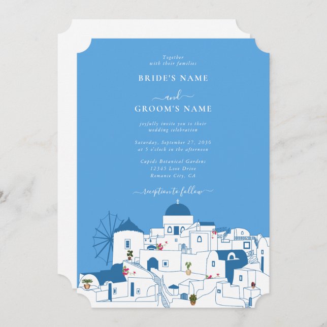 Convite Casamento com a ilha grega de destino Santorini (Frente/Verso)