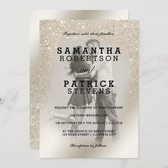 Convite casamento com a pérola marfim glitter ombre (Frente/Verso)