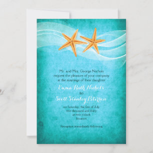 Convite Casamento com a praia de Starfish pair turquoise