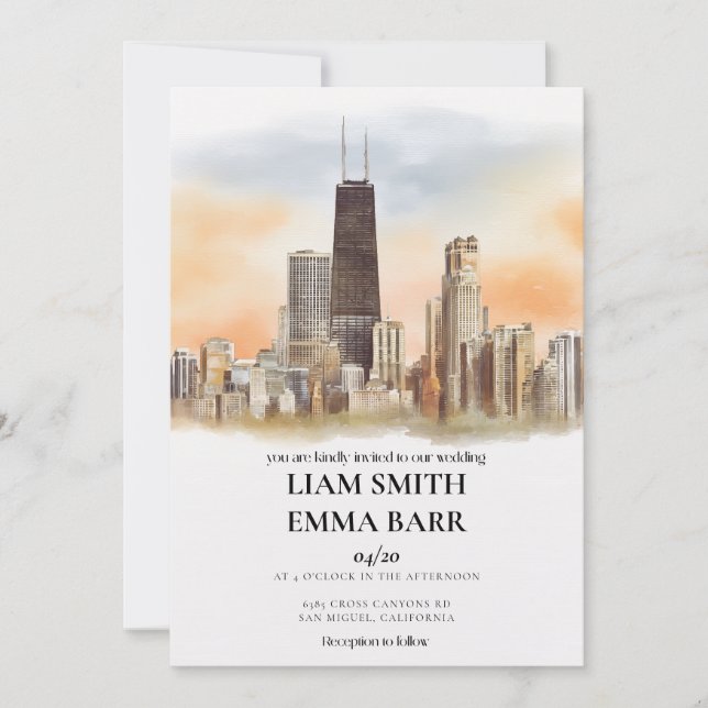 Convite Casamento com a Silhueta de Chicago (Frente)