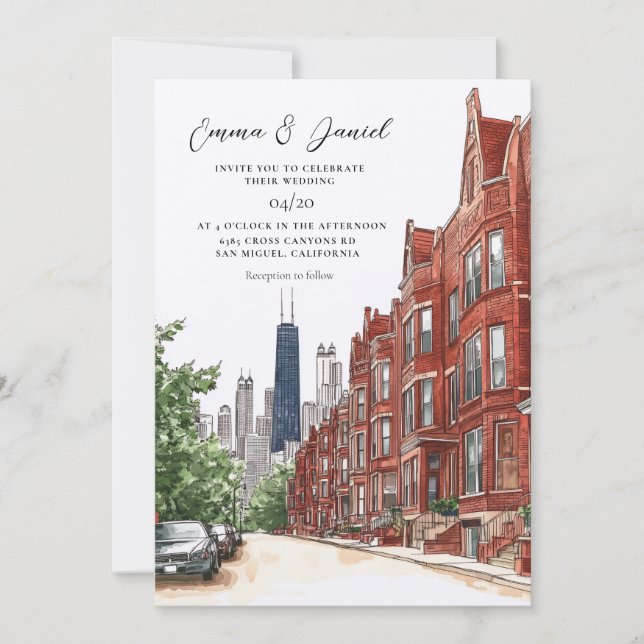 Convite Casamento com a Silhueta de Chicago (Frente)