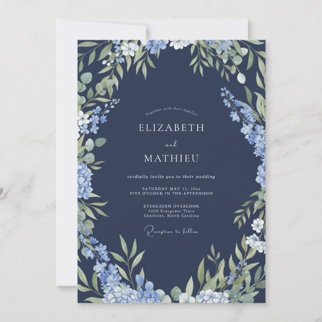 Convite Casamento com Abraço Botânico Azul Marinho (Frente)