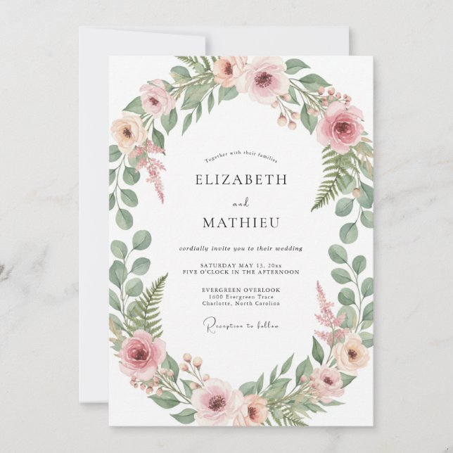 Convite Casamento com Abraço Botânico Rosa Bege (Frente)