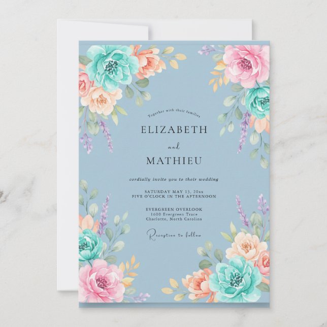 Convite Casamento com Abraço Floral Azul Turquesa Suave (Frente)