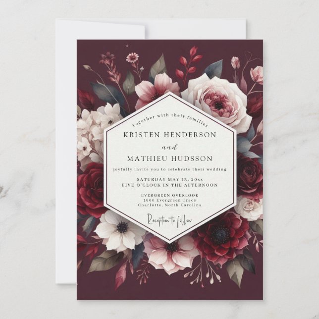 Convite Casamento com Abraço Floral Borgonha (Frente)