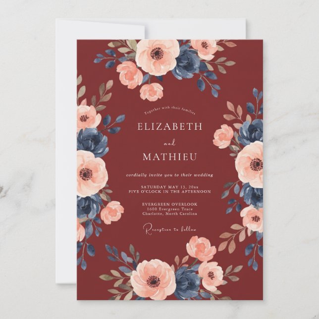 Convite Casamento com Abraço Floral Borgonha (Frente)