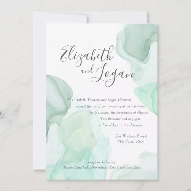 Convite Casamento com Abstrato Aqua Green Watercolor (Frente)