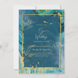Convite Casamento com Abstrato de Pavock Blue Dourado INK